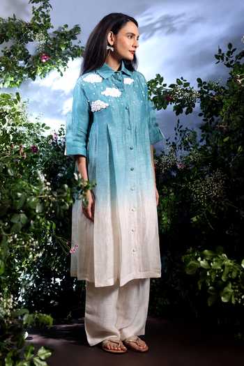 Taisha_Blue Linen Embroidery, Beads, Pearls Collared Vyom Dual Shaded Kurta And Pant Set 