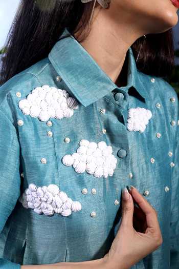 Taisha_Blue Linen Embroidery, Beads, Pearls Collared Vyom Dual Shaded Kurta And Pant Set 