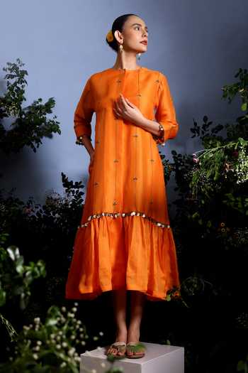 Buy_Taisha_Orange Silk Organza Embroidery, Mirrors Round Neck Aruni Pure Dress _at_Aza_Fashions