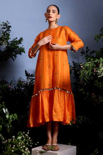 Taisha_Orange Silk Organza Embroidery, Mirrors Round Neck Aruni Pure Dress _Online_at_Aza_Fashions
