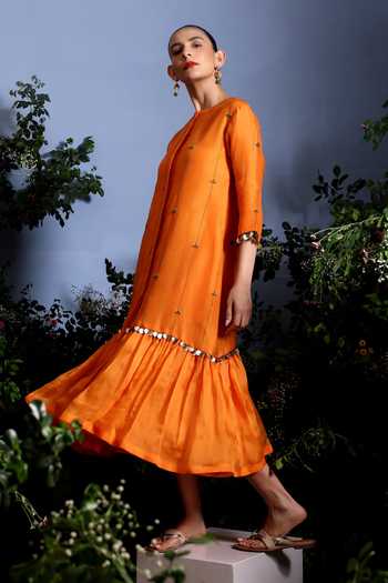 Buy_Taisha_Orange Silk Organza Embroidery, Mirrors Round Neck Aruni Pure Dress _Online_at_Aza_Fashions