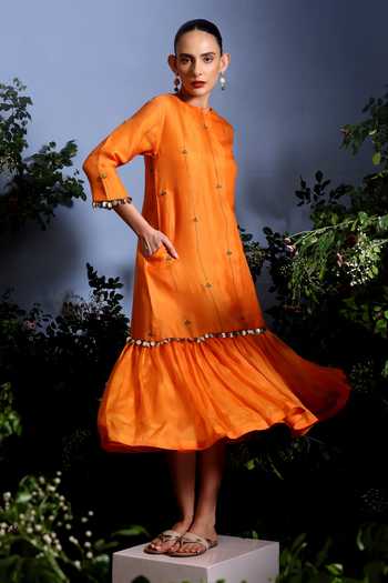 Shop_Taisha_Orange Silk Organza Embroidery, Mirrors Round Neck Aruni Pure Dress _Online_at_Aza_Fashions