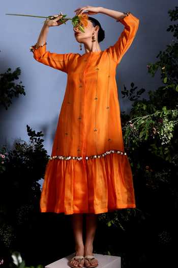 Buy_Taisha_Orange Silk Organza Embroidery, Mirrors Round Neck Aruni Pure Dress 