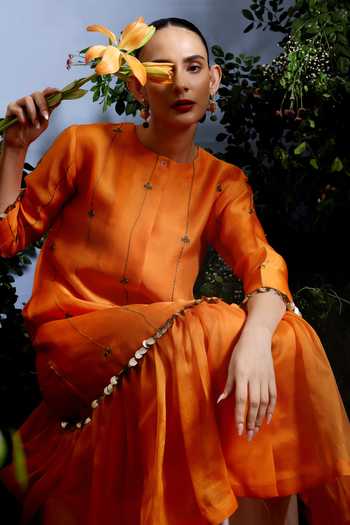 Shop_Taisha_Orange Silk Organza Embroidery, Mirrors Round Neck Aruni Pure Dress 