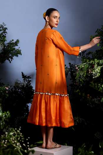 Shop_Taisha_Orange Silk Organza Embroidery, Mirrors Round Neck Aruni Pure Dress _at_Aza_Fashions