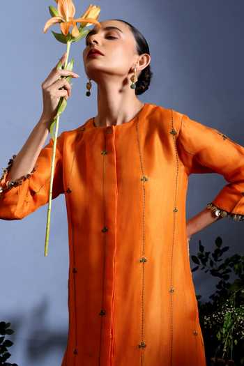 Taisha_Orange Silk Organza Embroidery, Mirrors Round Neck Aruni Pure Dress _Online