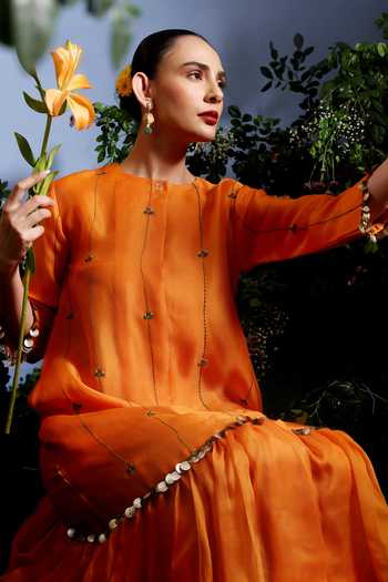 Buy_Taisha_Orange Silk Organza Embroidery, Mirrors Round Neck Aruni Pure Dress _Online