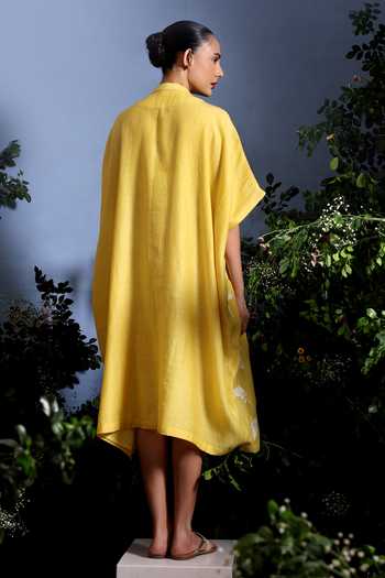 Shop_Taisha_Yellow Chanderi Applique Open Neck Niwana Motif Pattern Pure Malai Kaftan _at_Aza_Fashions
