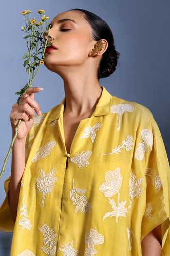 Taisha_Yellow Chanderi Applique Open Neck Niwana Motif Pattern Pure Malai Kaftan _Online_at_Aza_Fashions
