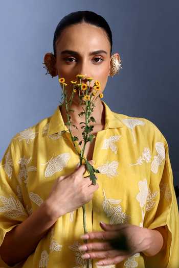 Shop_Taisha_Yellow Chanderi Applique Open Neck Niwana Motif Pattern Pure Malai Kaftan _Online_at_Aza_Fashions