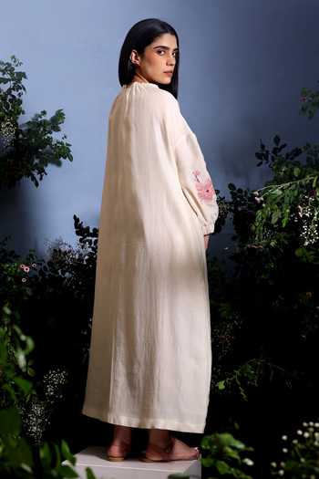 Shop_Taisha_Off White Chanderi Applique High Neck Sakuraa Cherry Blossom Dress _at_Aza_Fashions
