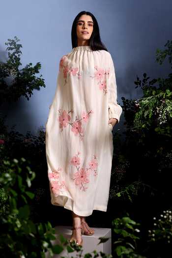 Taisha_Off White Chanderi Applique High Neck Sakuraa Cherry Blossom Dress _Online_at_Aza_Fashions