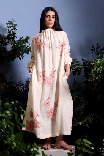Shop_Taisha_Off White Chanderi Applique High Neck Sakuraa Cherry Blossom Dress _Online_at_Aza_Fashions