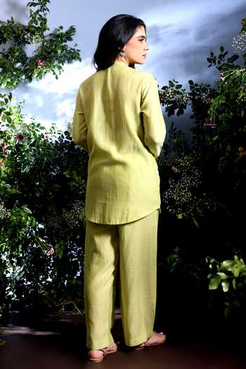 Shop_Taisha_Green Chanderi Applique Mandarin Collar Silva Pure Malai Shirt And Pant Set _at_Aza_Fashions