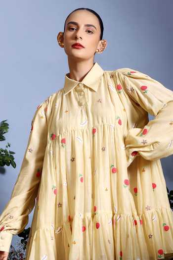 Taisha_Yellow Chanderi Embroidery Collared Vayuna Pure Malai Gathered Hem Dress _Online_at_Aza_Fashions