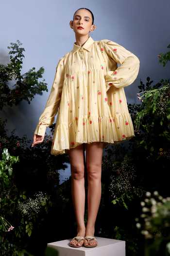 Buy_Taisha_Yellow Chanderi Embroidery Collared Vayuna Pure Malai Gathered Hem Dress _at_Aza_Fashions