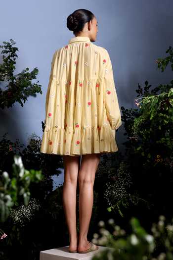 Shop_Taisha_Yellow Chanderi Embroidery Collared Vayuna Pure Malai Gathered Hem Dress _at_Aza_Fashions
