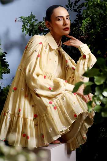 Taisha_Yellow Chanderi Embroidery Collared Vayuna Pure Malai Gathered Hem Dress 