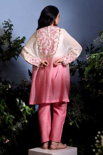 Shop_Taisha_Pink Chanderi Embroidery, Sequins, Tassels Miora Pure Malai Kurta And Pant Set _at_Aza_Fashions