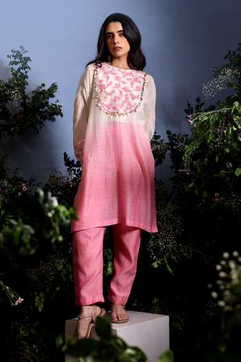 Shop_Taisha_Pink Chanderi Embroidery, Sequins, Tassels Miora Pure Malai Kurta And Pant Set _Online_at_Aza_Fashions