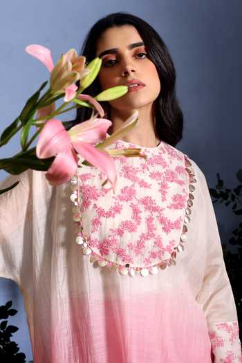 Taisha_Pink Chanderi Embroidery, Sequins, Tassels Miora Pure Malai Kurta And Pant Set _at_Aza_Fashions