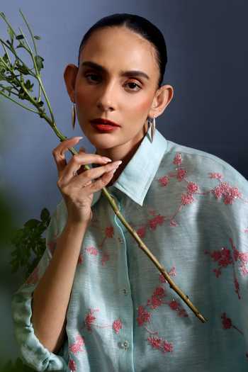 Taisha_Blue Linen Embroidery, Sequins Collared Elori Cherry Blossom Kaftan And Pant Set _Online_at_Aza_Fashions