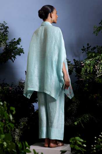 Shop_Taisha_Blue Linen Embroidery, Sequins Collared Elori Cherry Blossom Kaftan And Pant Set _at_Aza_Fashions