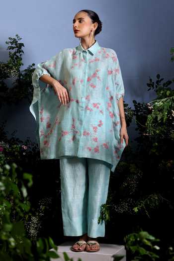 Buy_Taisha_Blue Linen Embroidery, Sequins Collared Elori Cherry Blossom Kaftan And Pant Set _Online_at_Aza_Fashions