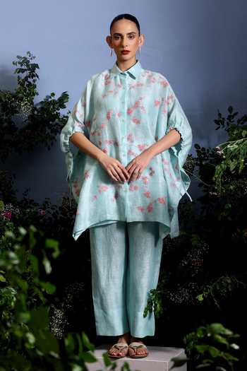 Buy_Taisha_Blue Linen Embroidery, Sequins Collared Elori Cherry Blossom Kaftan And Pant Set _at_Aza_Fashions