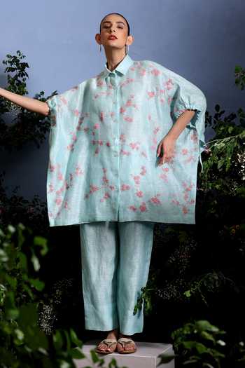 Shop_Taisha_Blue Linen Embroidery, Sequins Collared Elori Cherry Blossom Kaftan And Pant Set _Online_at_Aza_Fashions