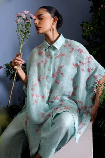 Taisha_Blue Linen Embroidery, Sequins Collared Elori Cherry Blossom Kaftan And Pant Set _at_Aza_Fashions