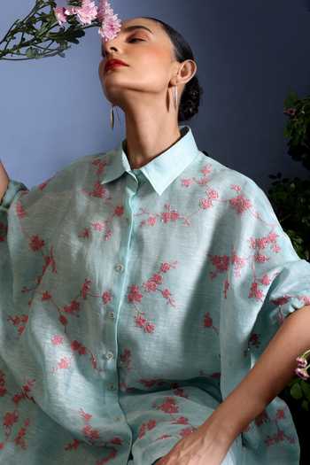 Buy_Taisha_Blue Linen Embroidery, Sequins Collared Elori Cherry Blossom Kaftan And Pant Set 