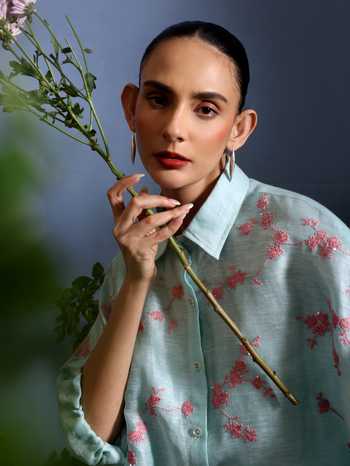 Shop_Taisha_Blue Linen Embroidery, Sequins Collared Elori Cherry Blossom Kaftan And Pant Set 