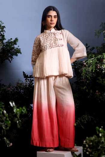 Taisha_Coral Chanderi Mukaish Work Mandarin Collar Mukesh Embroidered Top And Palazzo Set _Online_at_Aza_Fashions