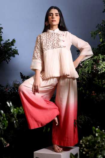 Buy_Taisha_Coral Chanderi Mukaish Work Mandarin Collar Mukesh Embroidered Top And Palazzo Set _Online_at_Aza_Fashions