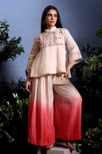 Shop_Taisha_Coral Chanderi Mukaish Work Mandarin Collar Mukesh Embroidered Top And Palazzo Set _Online_at_Aza_Fashions