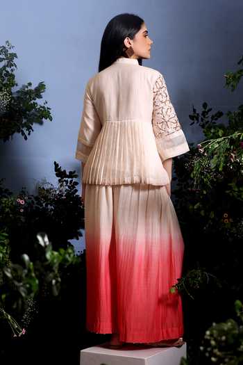 Shop_Taisha_Coral Chanderi Mukaish Work Mandarin Collar Mukesh Embroidered Top And Palazzo Set _at_Aza_Fashions