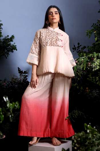 Buy_Taisha_Coral Chanderi Mukaish Work Mandarin Collar Mukesh Embroidered Top And Palazzo Set _at_Aza_Fashions