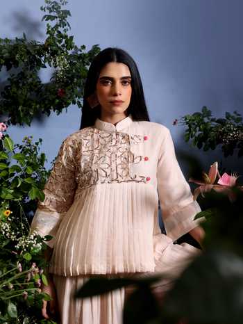 Shop_Taisha_Coral Chanderi Mukaish Work Mandarin Collar Mukesh Embroidered Top And Palazzo Set 