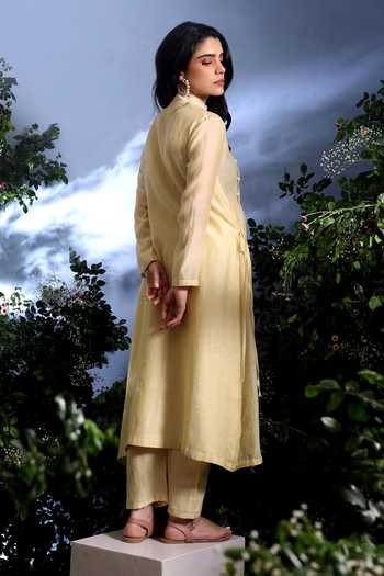 Shop_Taisha_Yellow Chanderi Embroidery Mandarin Malini Pure Malai Angarkha And Pant Set _at_Aza_Fashions