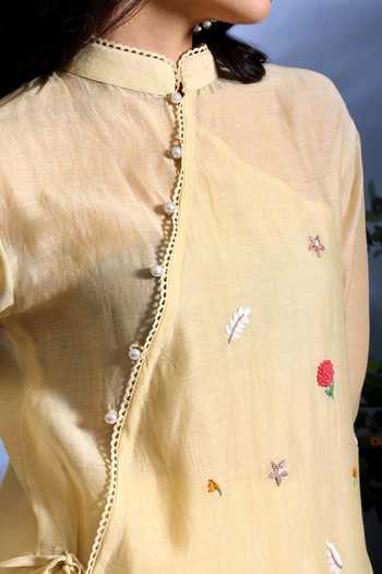Taisha_Yellow Chanderi Embroidery Mandarin Malini Pure Malai Angarkha And Pant Set _Online_at_Aza_Fashions