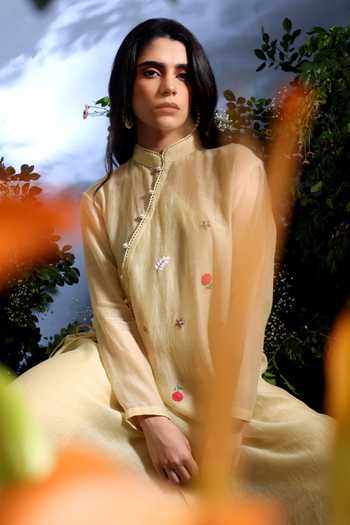 Buy_Taisha_Yellow Chanderi Embroidery Mandarin Malini Pure Malai Angarkha And Pant Set _Online_at_Aza_Fashions