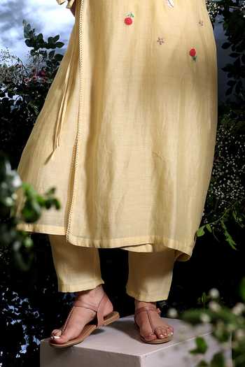 Shop_Taisha_Yellow Chanderi Embroidery Mandarin Malini Pure Malai Angarkha And Pant Set _Online_at_Aza_Fashions