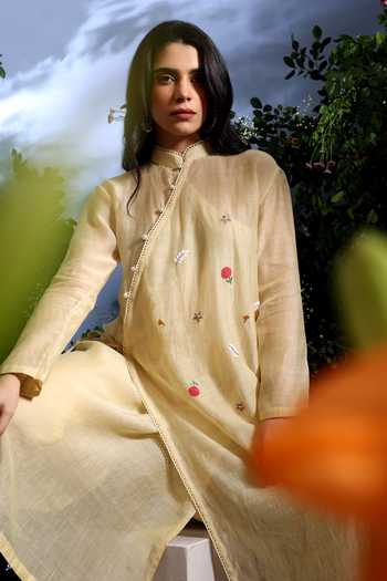 Taisha_Yellow Chanderi Embroidery Mandarin Malini Pure Malai Angarkha And Pant Set _at_Aza_Fashions