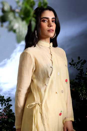 Shop_Taisha_Yellow Chanderi Embroidery Mandarin Malini Pure Malai Angarkha And Pant Set 
