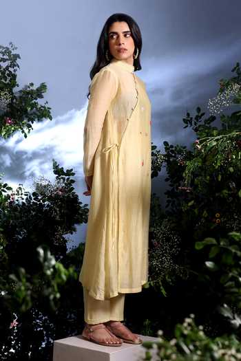 Taisha_Yellow Chanderi Embroidery Mandarin Malini Pure Malai Angarkha And Pant Set _Online