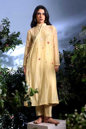 Buy_Taisha_Yellow Chanderi Embroidery Mandarin Malini Pure Malai Angarkha And Pant Set _Online