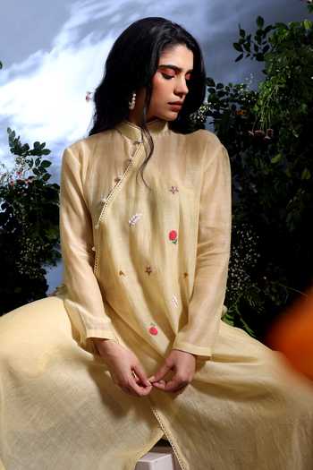 Shop_Taisha_Yellow Chanderi Embroidery Mandarin Malini Pure Malai Angarkha And Pant Set _Online