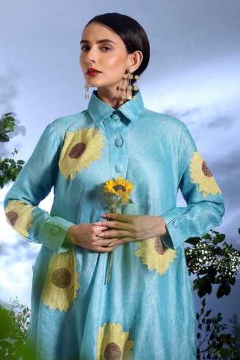 Taisha_Sky Blue Linen Applique Collared Himari Sunflower Pure Dress _Online_at_Aza_Fashions