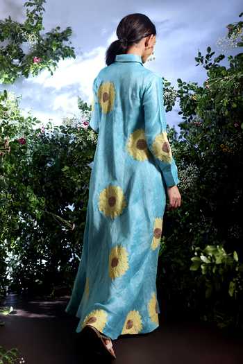 Shop_Taisha_Sky Blue Linen Applique Collared Himari Sunflower Pure Dress _at_Aza_Fashions